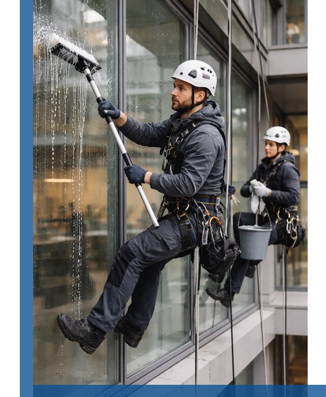 Профессиональная мойка витражей промышленными альпинистами в Старом Осколе