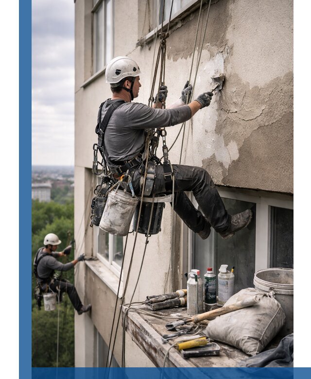 Косметический ремонт фасада зданий в Старом Осколе промышленными альпинистами