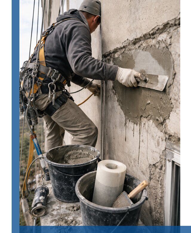 Ремонт бетонных элементов фасада промышленными альпинистами в Старом Осколе