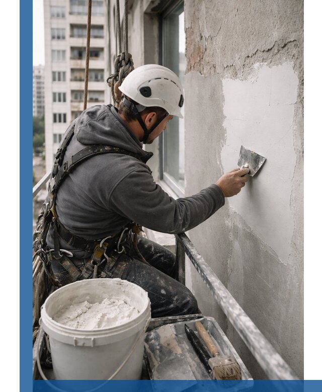 Шпаклевка фасадов на высоте с промальпинистами в Старом Осколе