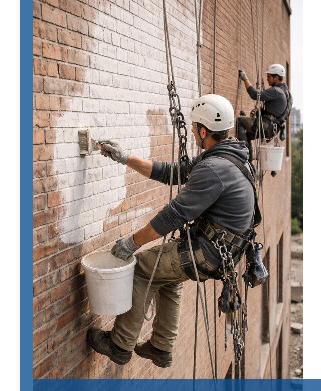 Покраска кирпичного фасада с доступным альпинистским сервисом в Старом Осколе
