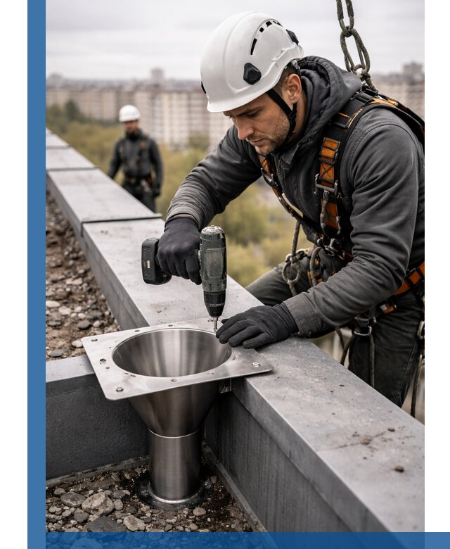 Монтаж водосточных воронок в Старом Осколе для промышленных зданий