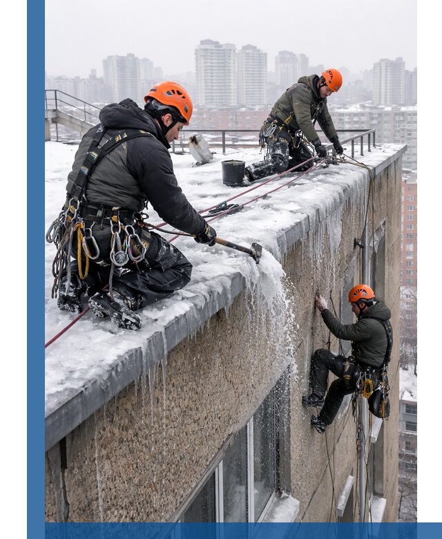 Удаление наледи с кровли в Старом Осколе промышленными альпинистами