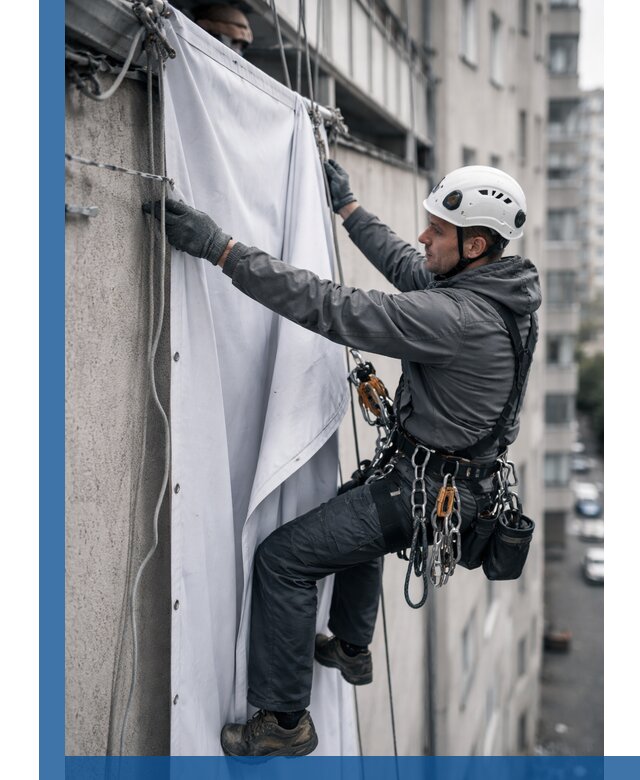 Замена баннерного полотна промышленными альпинистами в Старом Осколе