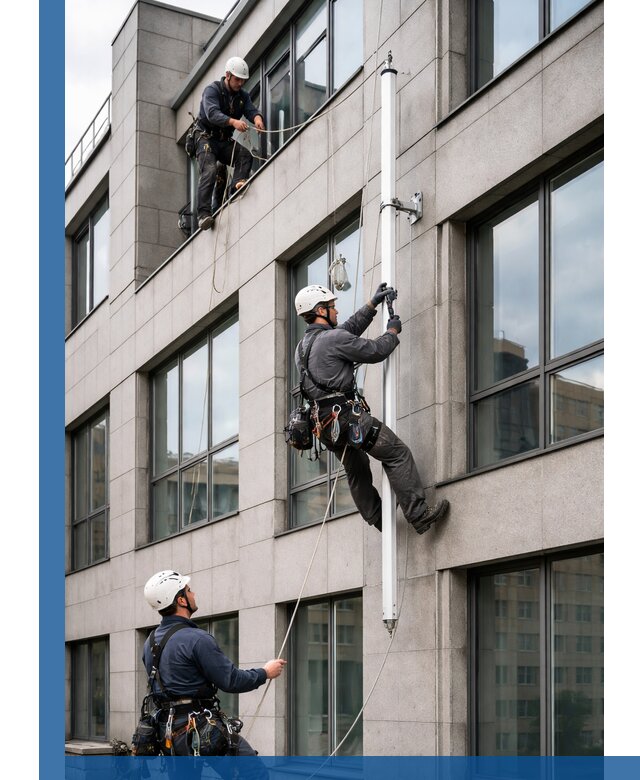 Монтаж флагштока на фасаде здания с креплением и герметикой в Старом Осколе
