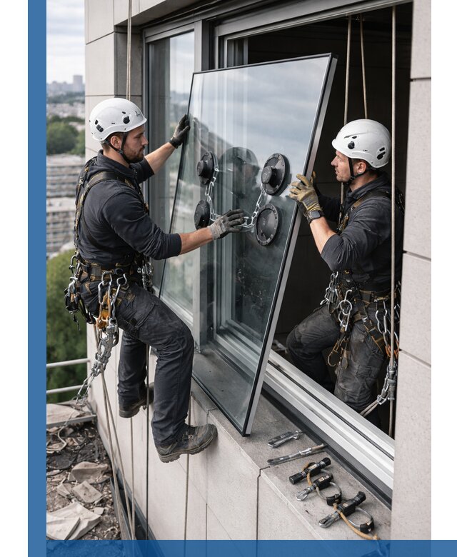 Замена стеклопакетов на высоте с промышленными альпинистами в Старом Осколе