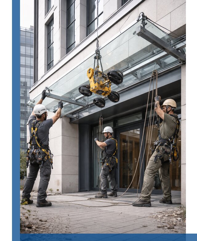 Монтаж стеклянных козырьков под ключ в Старом Осколе для зданий