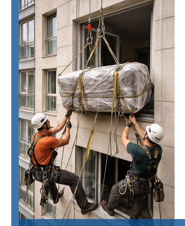 Подъем грузов через окно в Старом Осколе промышленными альпинистами