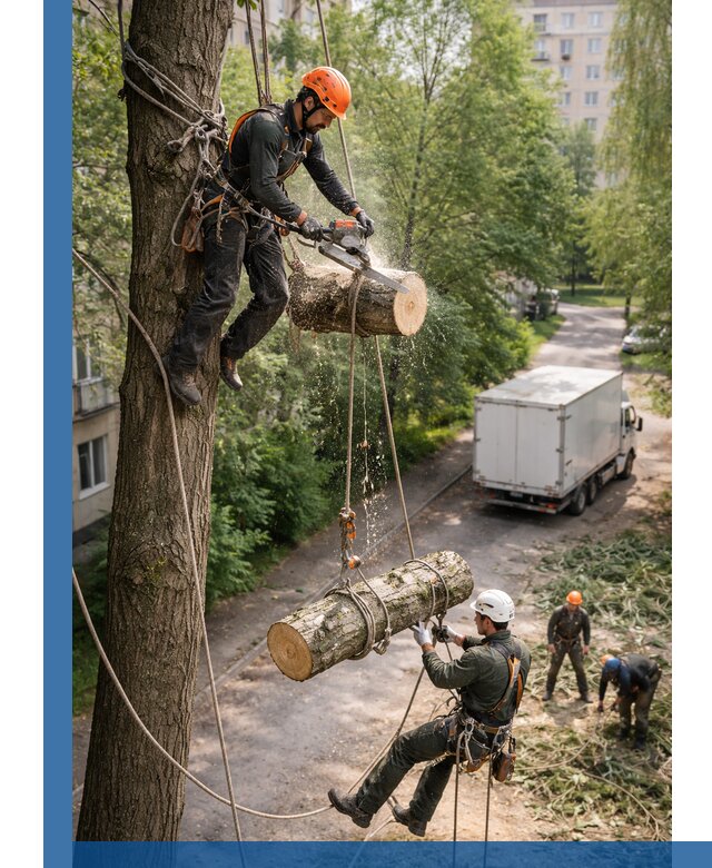 Спил деревьев альпинистами в Старом Осколе, безопасно и без повреждений
