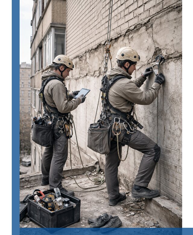 Обследование фасада промышленными альпинистами в Старом Осколе